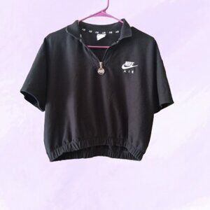 NIKE air Women's Pique Polo Shirt style DM6464-010 cropped in black and white L